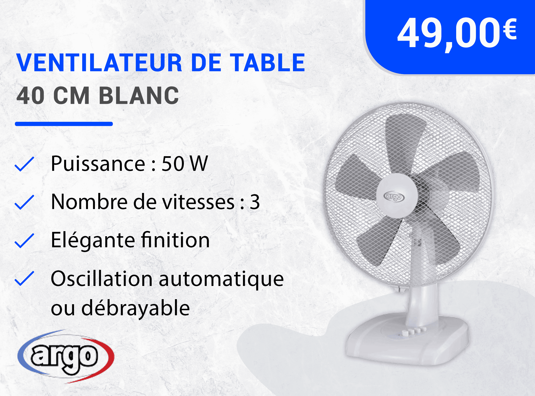 GINGER- Ventilateur De Table 40 Cm Blanc ARGO 